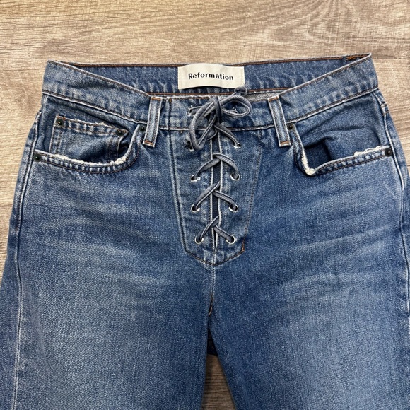 Reformation Lace Up Flare Medium Wash Distressed Raw Hem Jeans Womens Sz. 25 - Picture 3 of 9